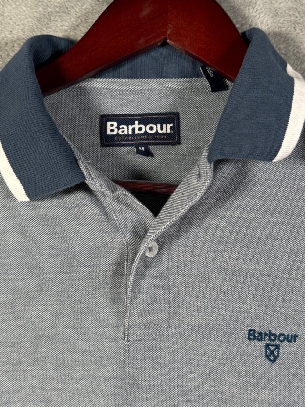 Barbour Polo Shirt Mens M Blue Pique Tipped Short Sleeve Cotton Logo MML1311NY38